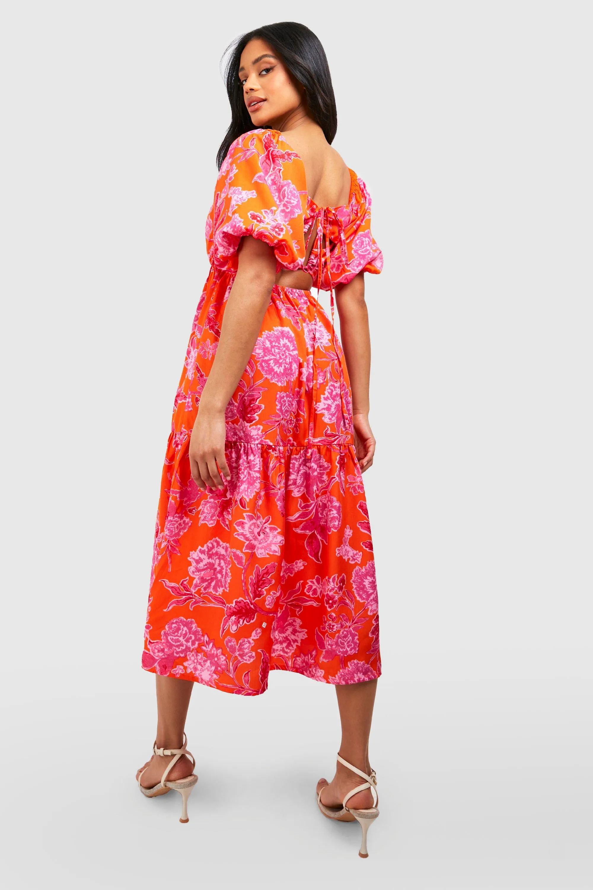 Boohoo Floral Sleeve Skater Dress, Orange