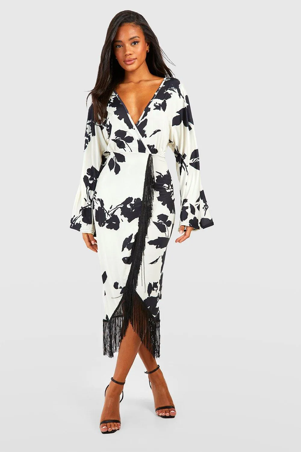 Boohoo Floral Tassel Midi Dress, Cream