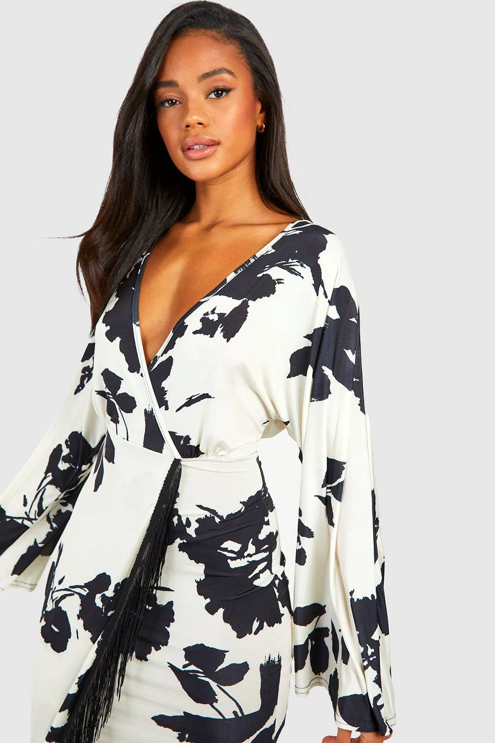 Boohoo Floral Tassel Midi Dress, Cream