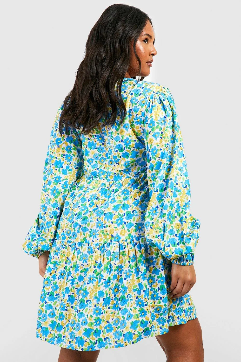 Boohoo Floral Tiered Plus Dress, Blue