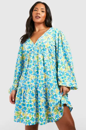 Boohoo Floral Tiered Plus Dress, Blue