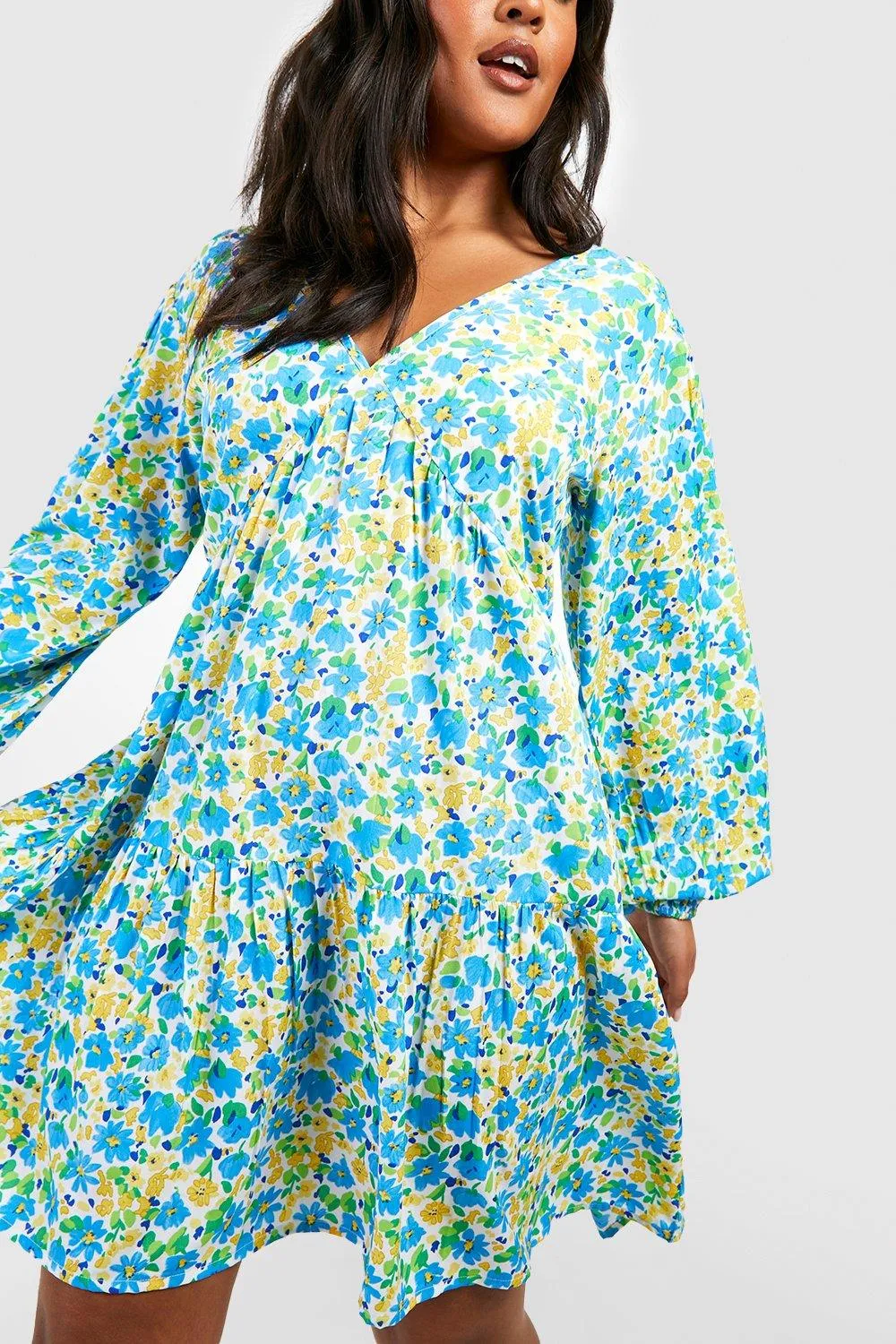 Boohoo Floral Tiered Plus Dress, Blue