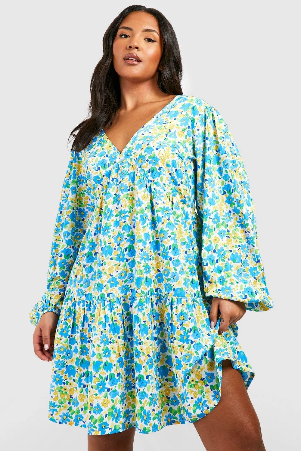 Boohoo Floral Tiered Plus Dress, Blue