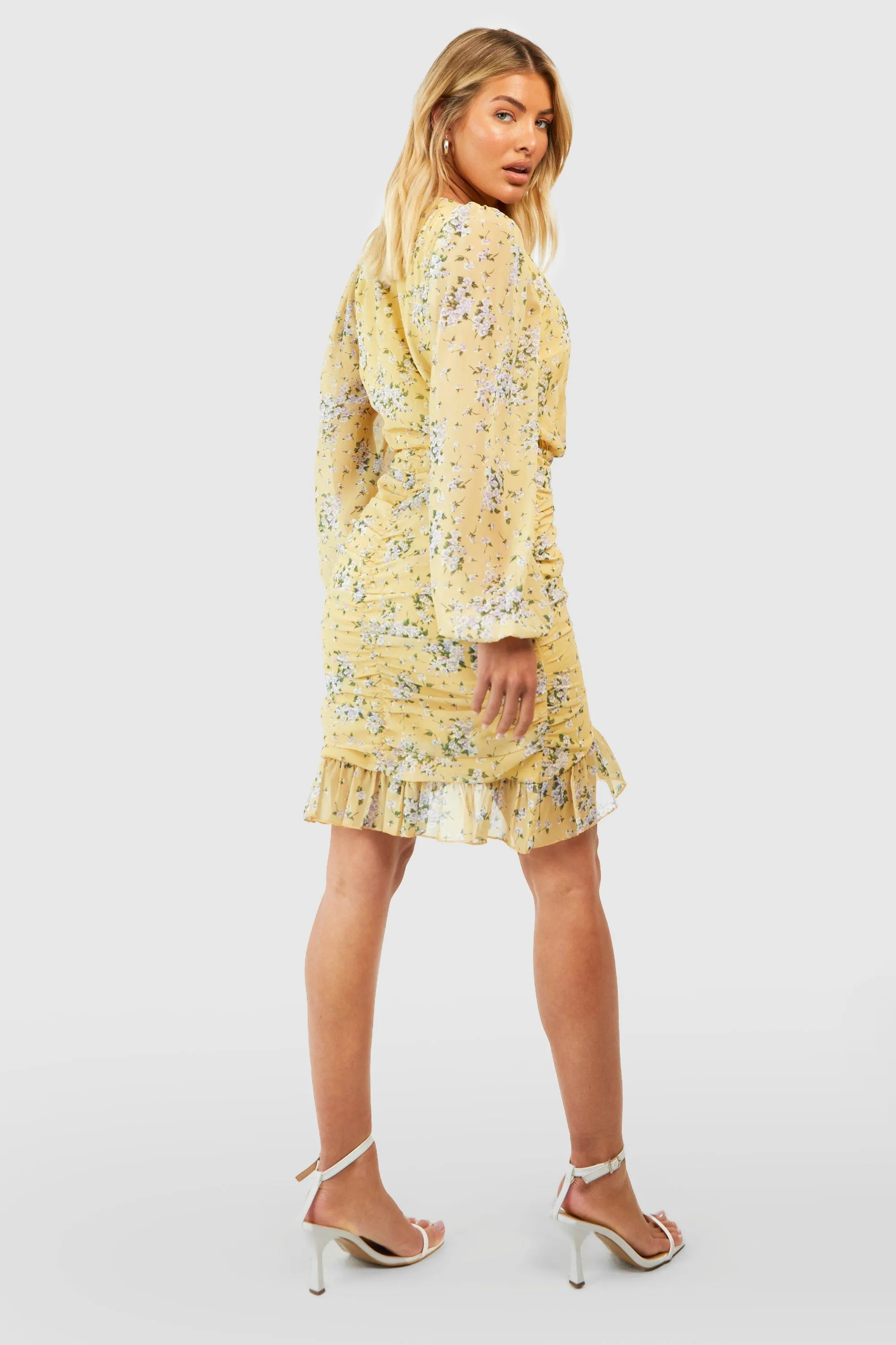 Boohoo Floral Union Chiffon Mini Dress, Yellow