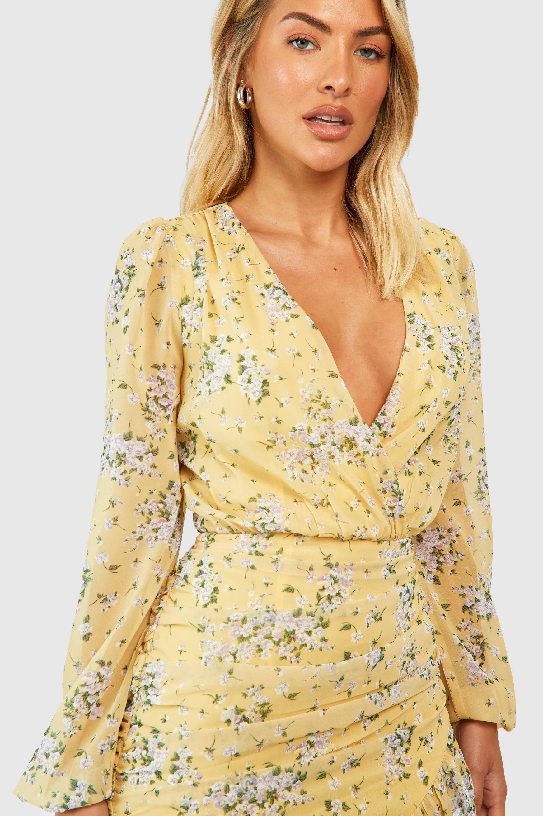 Boohoo Floral Union Chiffon Mini Dress, Yellow