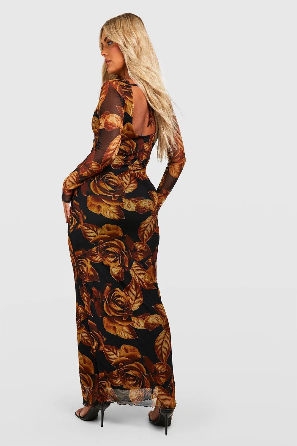 Boohoo Low Back Floral Mesh Maxi Dress, Black