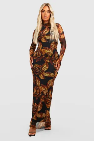 Boohoo Low Back Floral Mesh Maxi Dress, Black