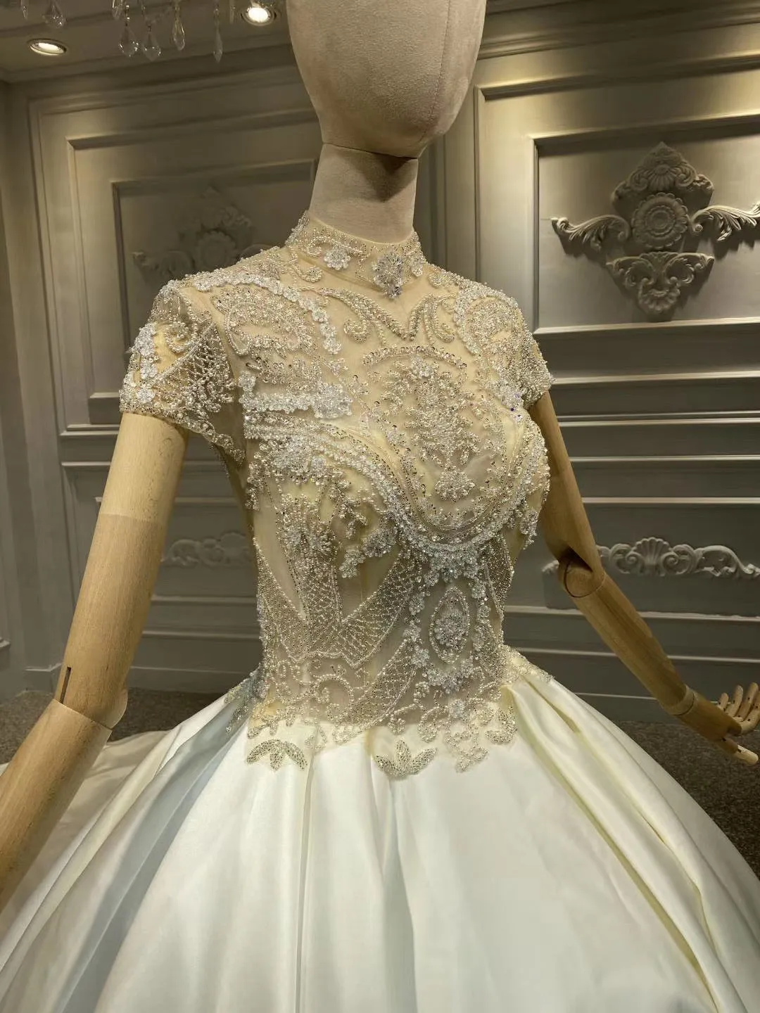 Chic high collar glamorous shiny satin ball gown skirt wedding dress crystals rhinestones pearls beaded top