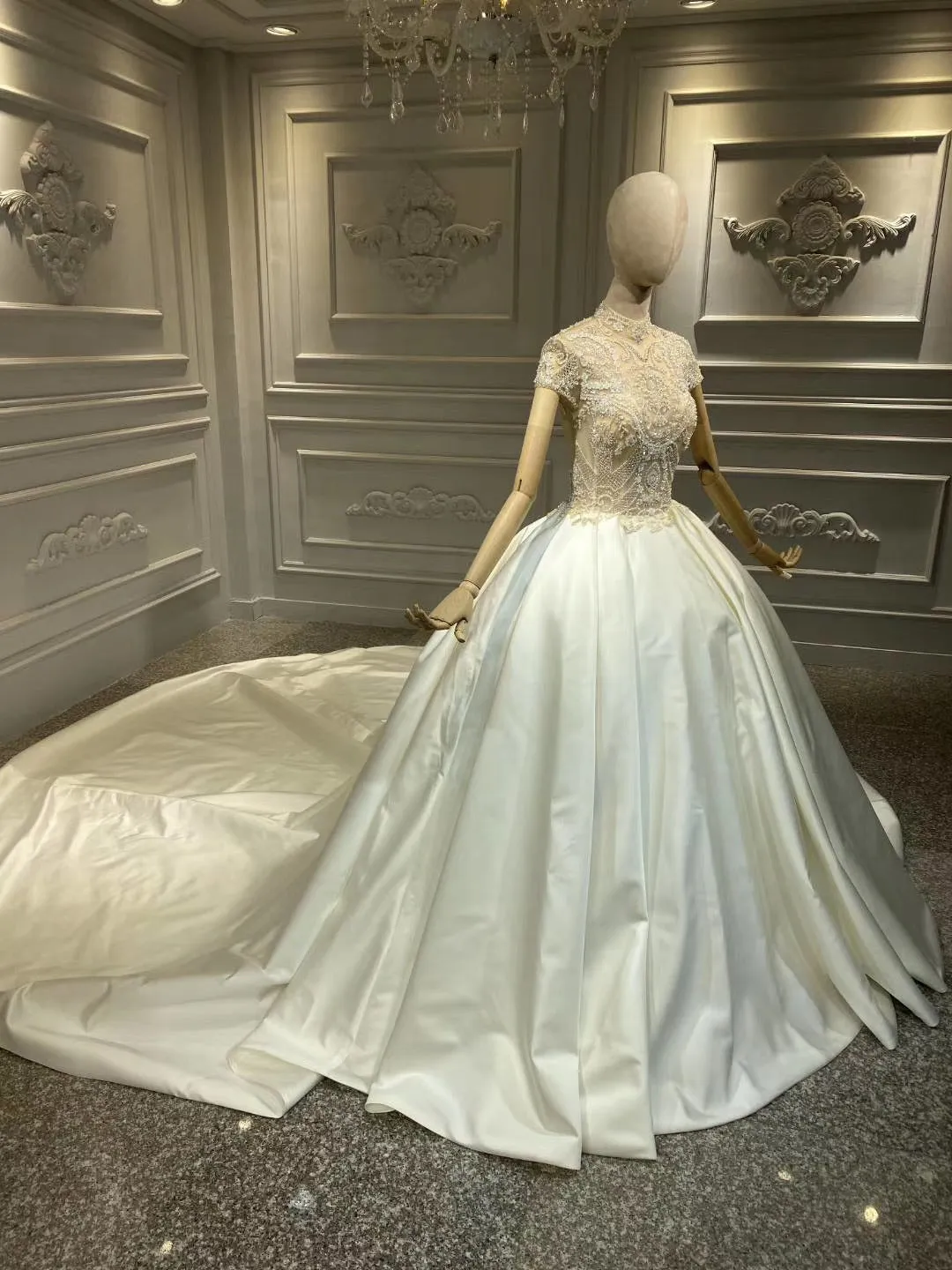 Chic high collar glamorous shiny satin ball gown skirt wedding dress crystals rhinestones pearls beaded top