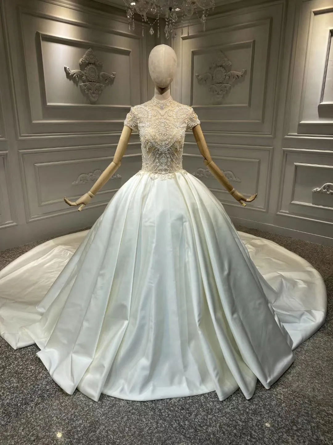 Chic high collar glamorous shiny satin ball gown skirt wedding dress crystals rhinestones pearls beaded top
