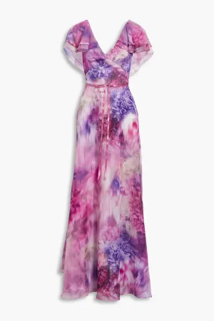 Chiffon dress with cape effect and bow with floral print MARCHESA NOTTE lavender