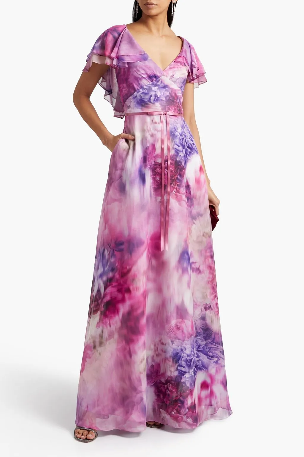 Chiffon dress with cape effect and bow with floral print MARCHESA NOTTE lavender