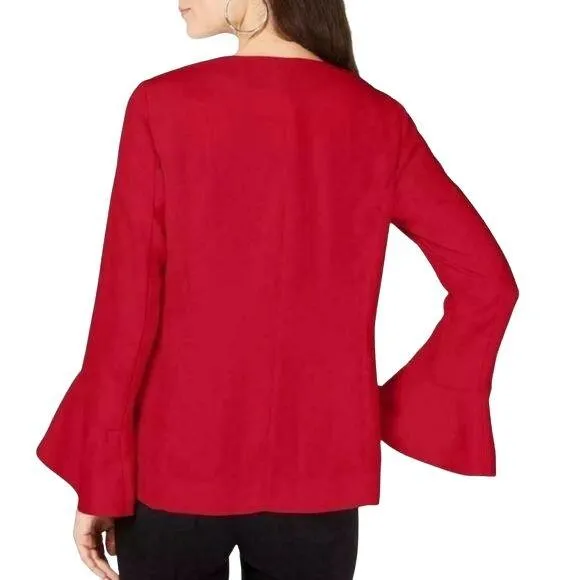 Collarless Open Front Pockets Long Flared Sleeve Blazer