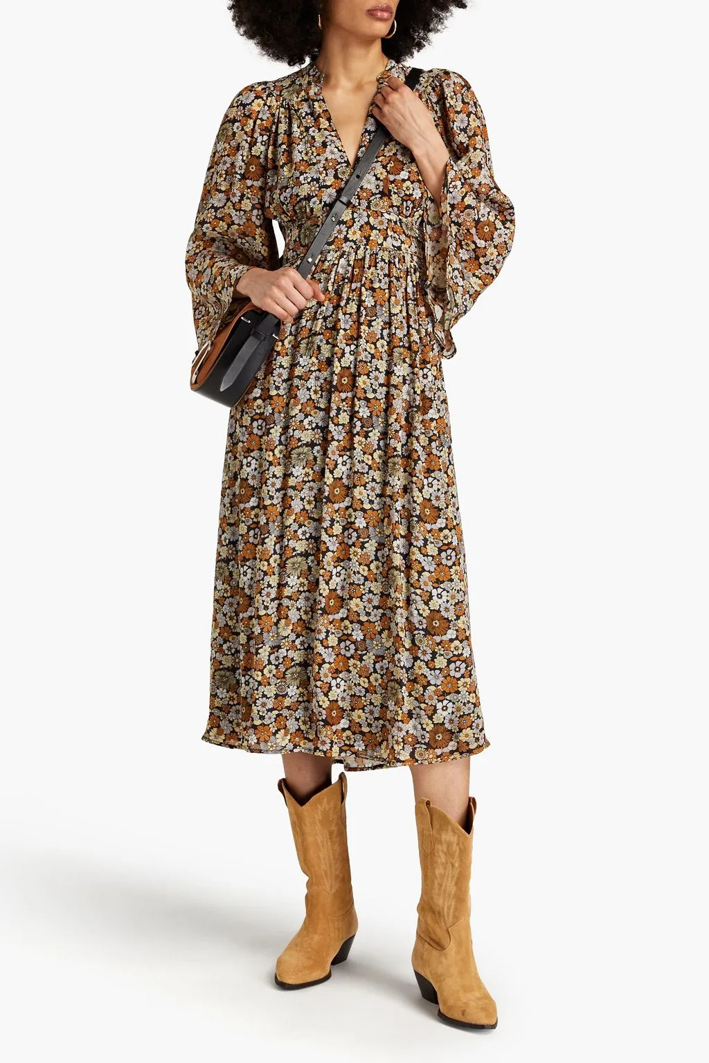 Colline crepe de Chine midi dress with floral print ANTIK BATIK, black