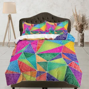 Colorful geometric patchwork quilt printed duvet cover, aesthetic room decor bedding set full, king, queen size, boho bedspread shabby chic