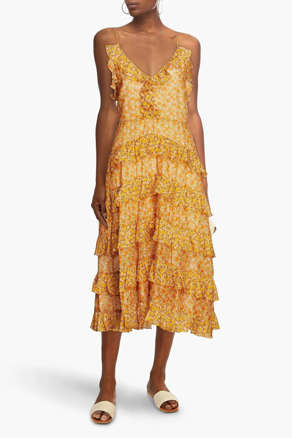Cotton poplin midi dress with ruffles and floral print MAJE, orange