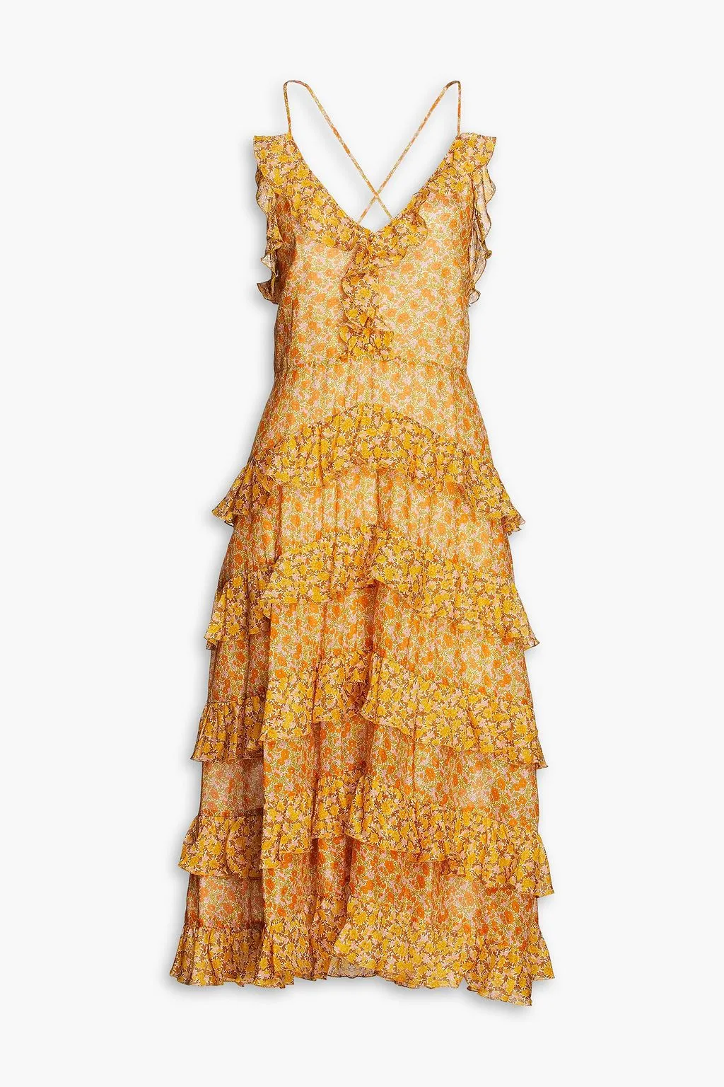 Cotton poplin midi dress with ruffles and floral print MAJE, orange