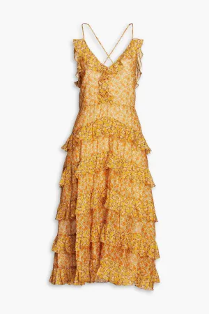 Cotton poplin midi dress with ruffles and floral print MAJE, orange
