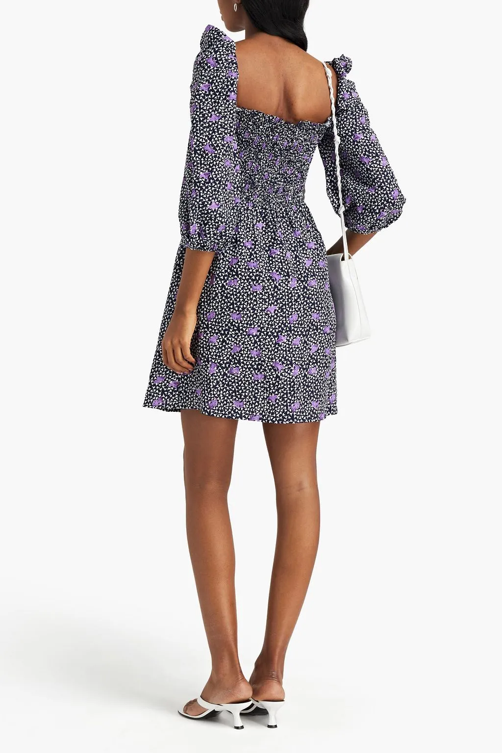 Crepe mini dress with floral print and ruffles MAJE, navi