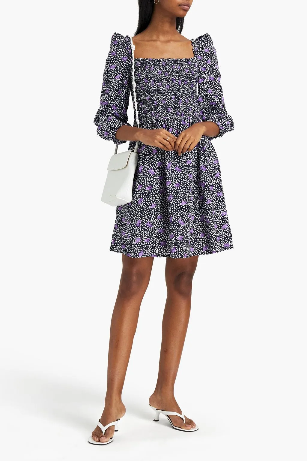 Crepe mini dress with floral print and ruffles MAJE, navi