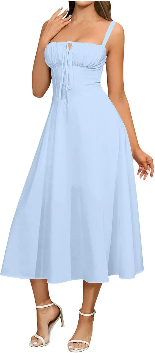 DDAPJ pyju Corset Dress for Women Summer Boho Flowy Lace Up Midi Dresses Wedding Guest Dresses A Line Beach Casual Sundress