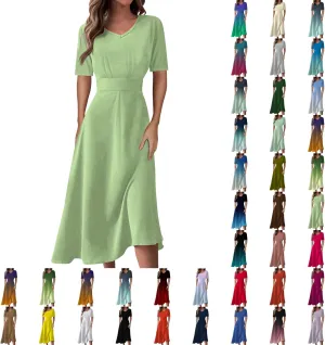 Dresses for Women 2024 Fashion Solid Color Dresses V-Neck Waist Long Swing Dress Summer Dresses for Women 2024 S-2XL