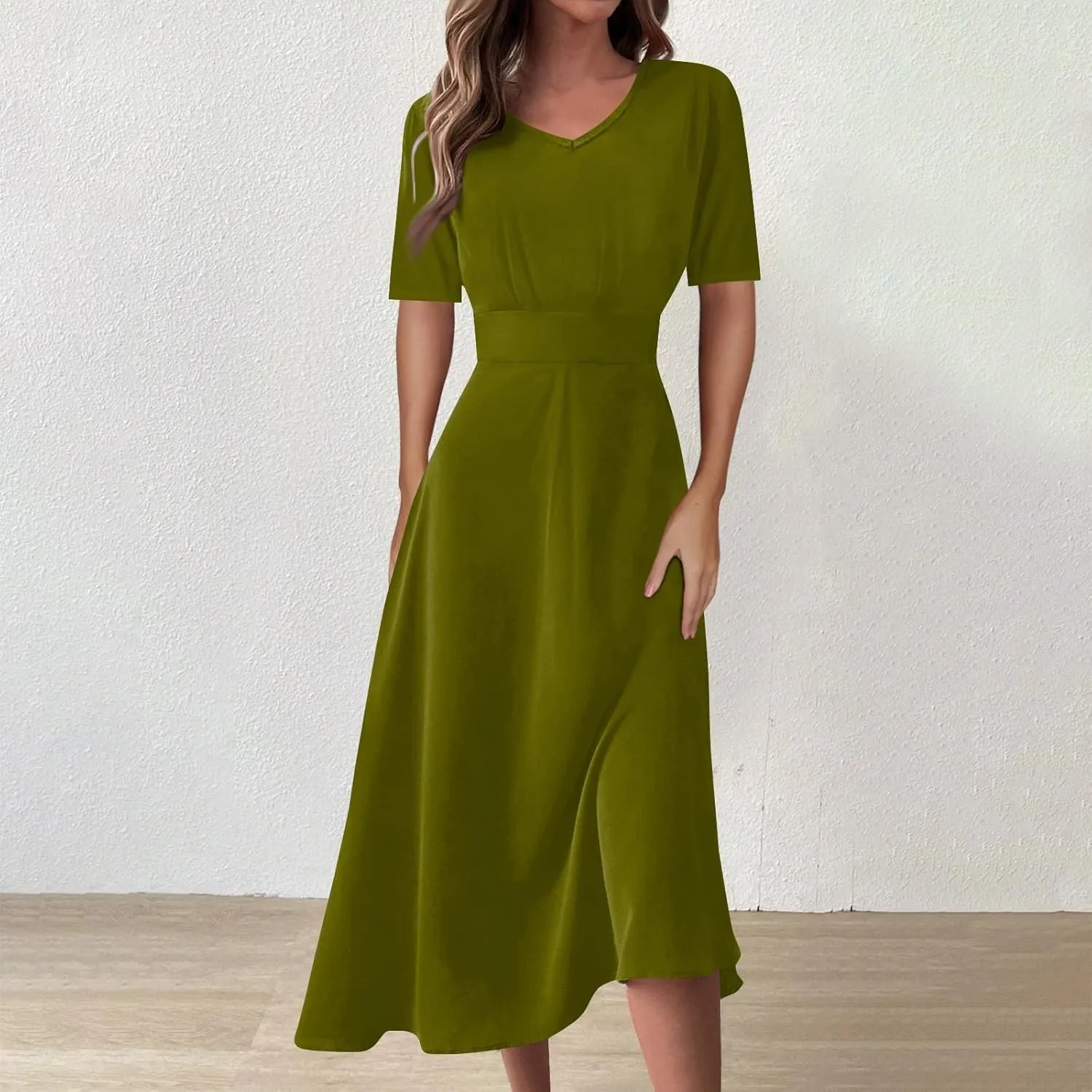 Dresses for Women 2024 Fashion Solid Color Dresses V-Neck Waist Long Swing Dress Summer Dresses for Women 2024 S-2XL