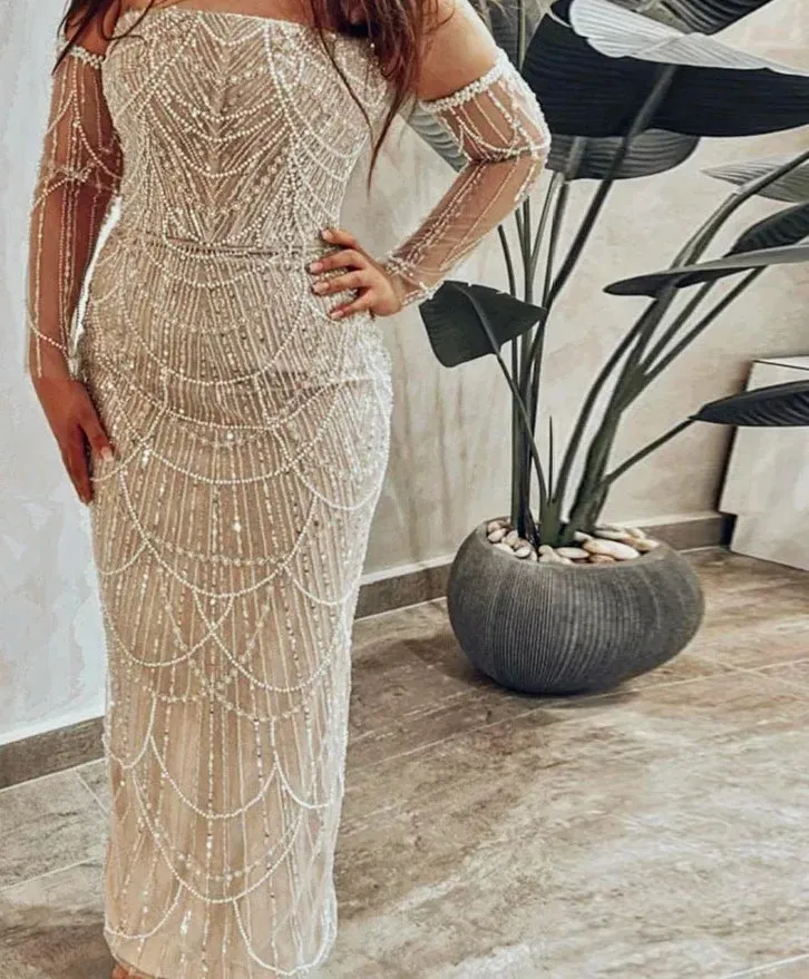 Elegant hand-made Couture Mermaid Evening Dress with Pearls - Strapless Long Formal Prom/Wedding Party Gown