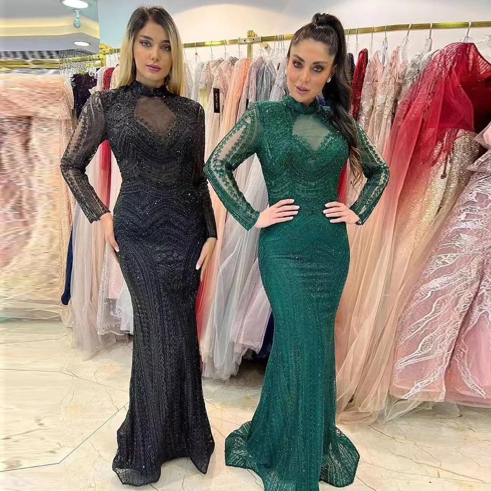 Elegant Mermaid Emerald Green Long Sleeves Evening Dress SS078