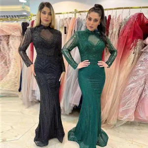Elegant Mermaid Emerald Green Long Sleeves Evening Dress SS078
