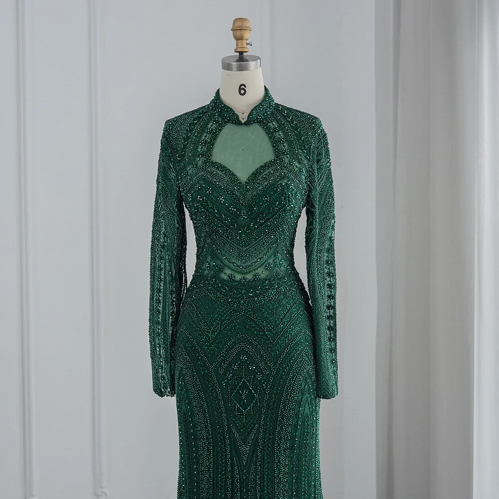 Elegant Mermaid Emerald Green Long Sleeves Evening Dress SS078