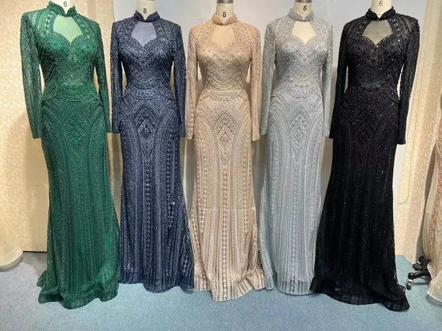 Elegant Mermaid Emerald Green Long Sleeves Evening Dress SS078