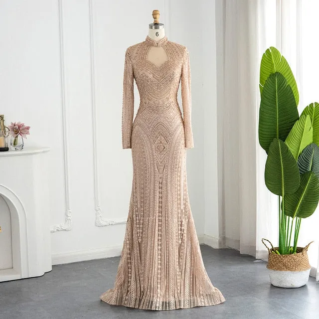Elegant Mermaid Emerald Green Long Sleeves Evening Dress SS078