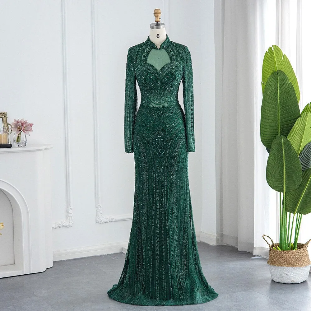 Elegant Mermaid Emerald Green Long Sleeves Evening Dress SS078