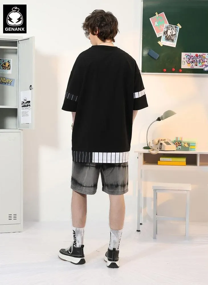 Fake Two Piece Color Block Striped Print T-Shirt