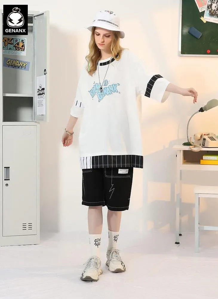 Fake Two Piece Color Block Striped Print T-Shirt