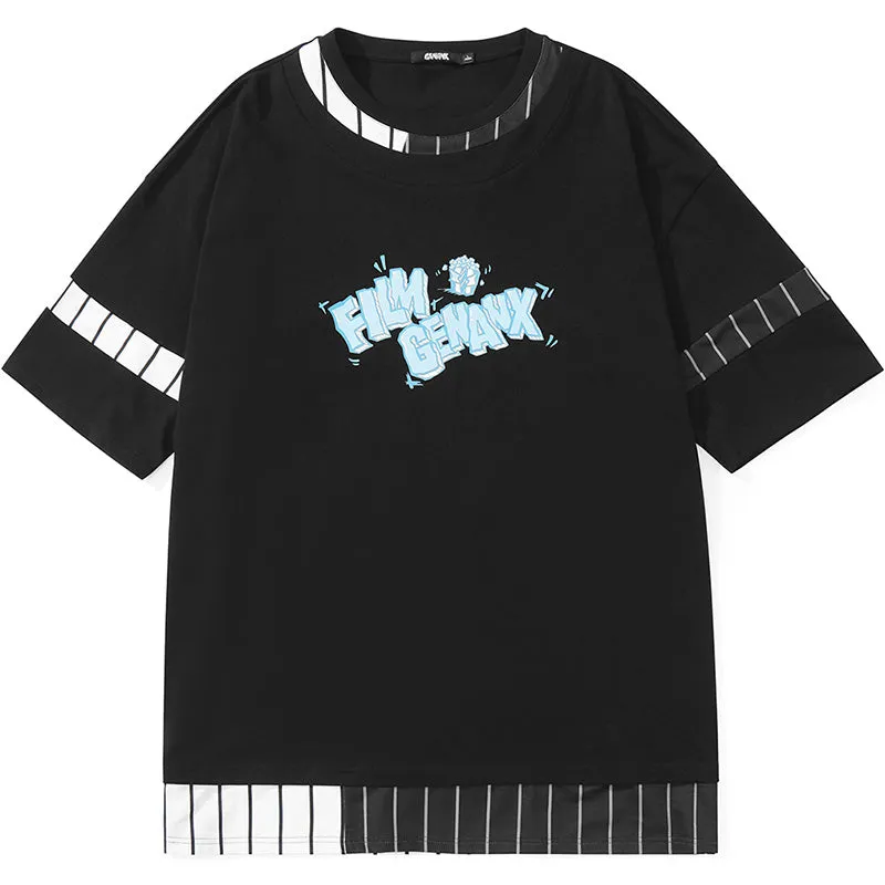 Fake Two Piece Color Block Striped Print T-Shirt