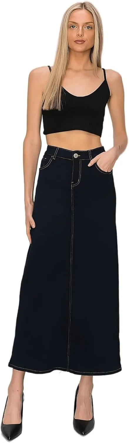 Fashion2Love Women's Juniors/Plus Size Stretch Denim Designed Long Skirt (89037)
