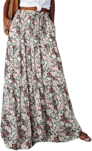 Floral Skirts for Women Summer Loose Casual Trendy Vintage Printed Elastic Waist Boho Beach Maxi Skirt, S-2XL