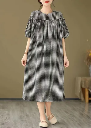 FLYTONN- Plus Size Black O Neck Plaid Ruffled Patchwork Cotton Dress Summer FF012