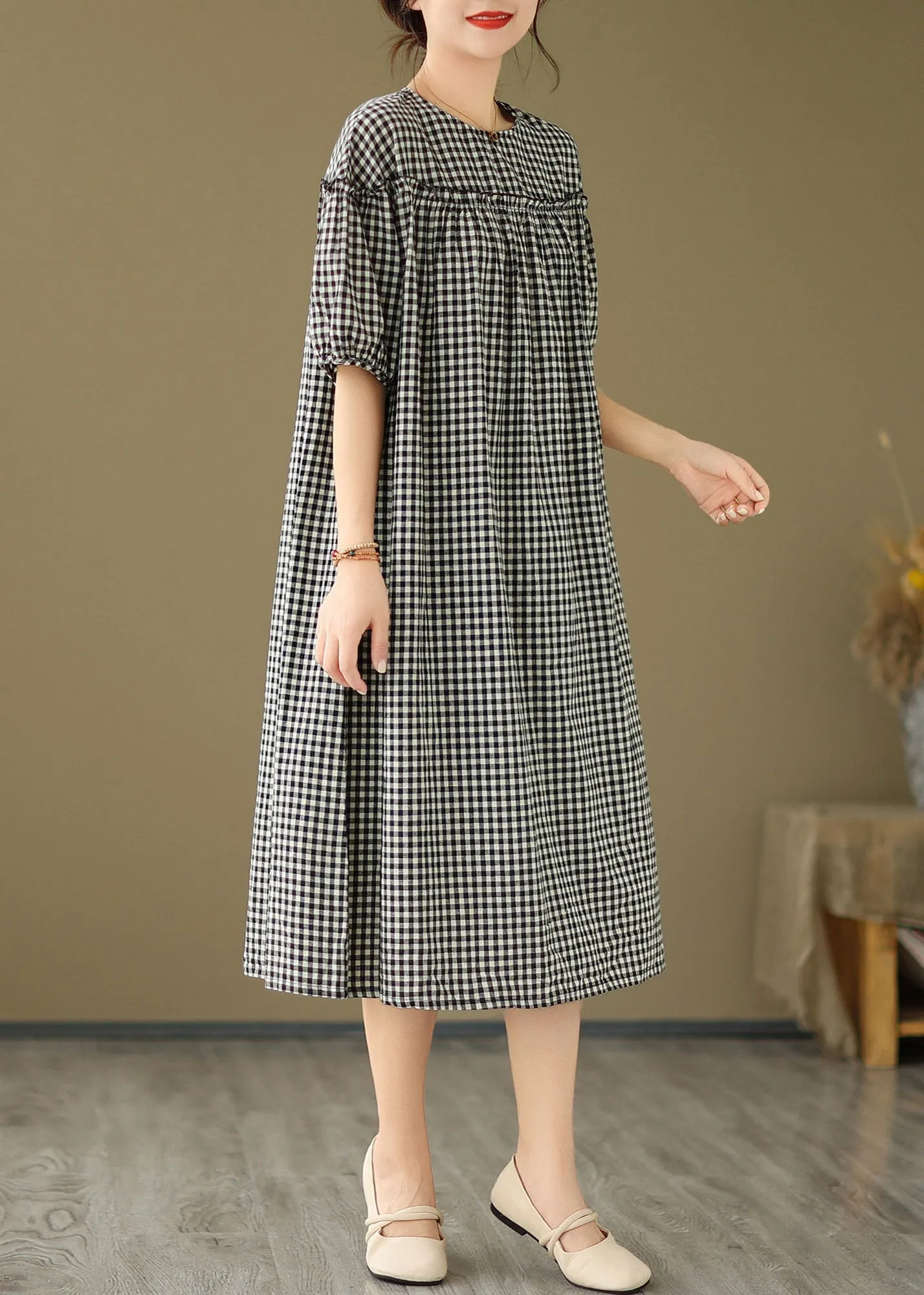FLYTONN- Plus Size Black O Neck Plaid Ruffled Patchwork Cotton Dress Summer FF012