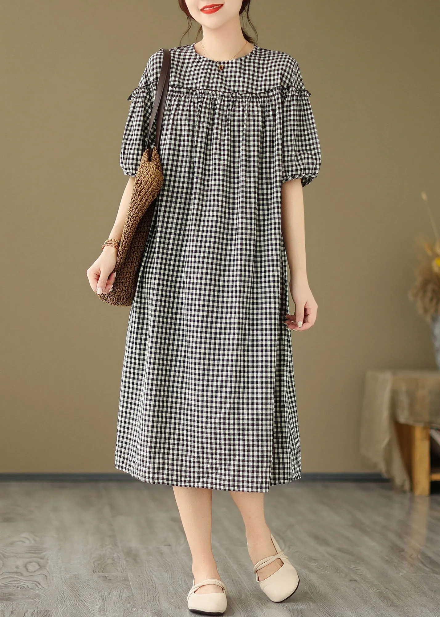 FLYTONN- Plus Size Black O Neck Plaid Ruffled Patchwork Cotton Dress Summer FF012