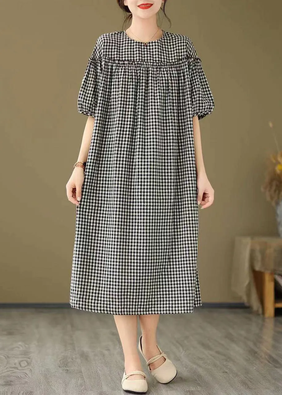 FLYTONN- Plus Size Black O Neck Plaid Ruffled Patchwork Cotton Dress Summer FF012