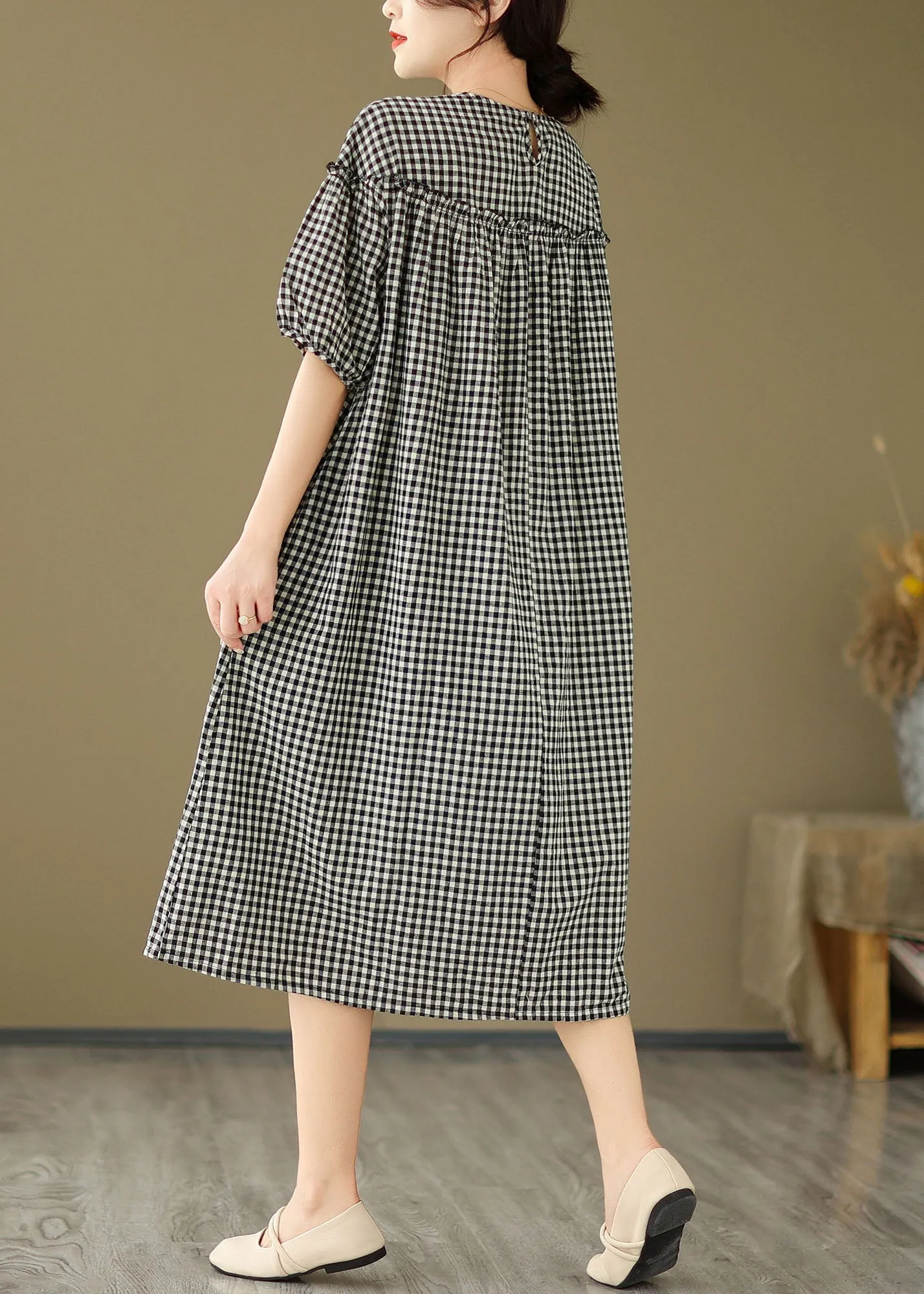 FLYTONN- Plus Size Black O Neck Plaid Ruffled Patchwork Cotton Dress Summer FF012