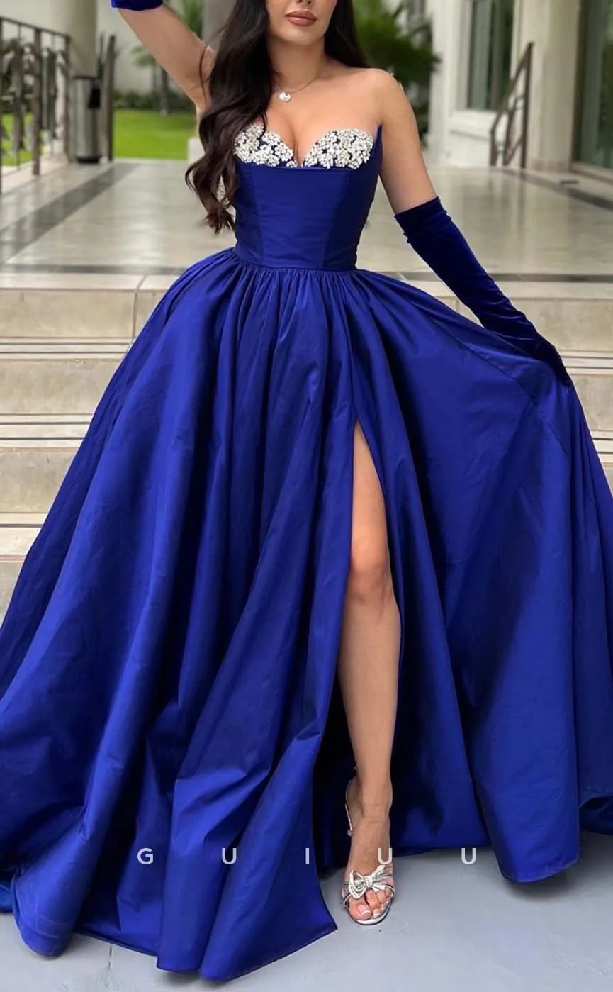 G3278 - A-Line Beaded Strapless Royal Blue Long Party Prom Evening Dresses