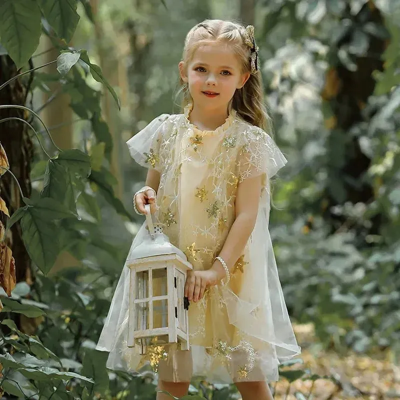 Golden Starry Ruffle Mesh Maxi Dress