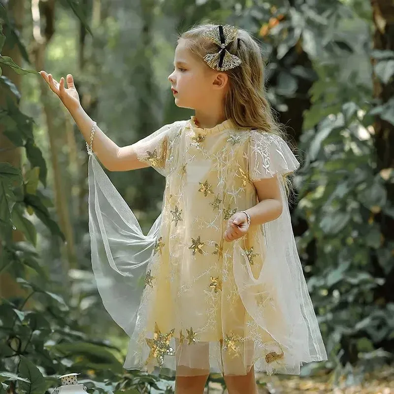 Golden Starry Ruffle Mesh Maxi Dress