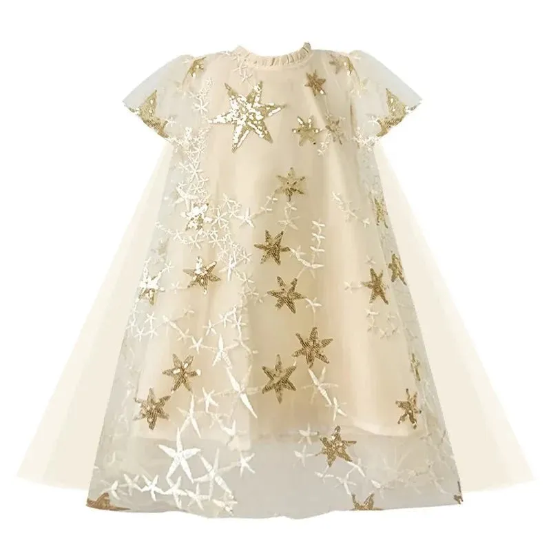 Golden Starry Ruffle Mesh Maxi Dress