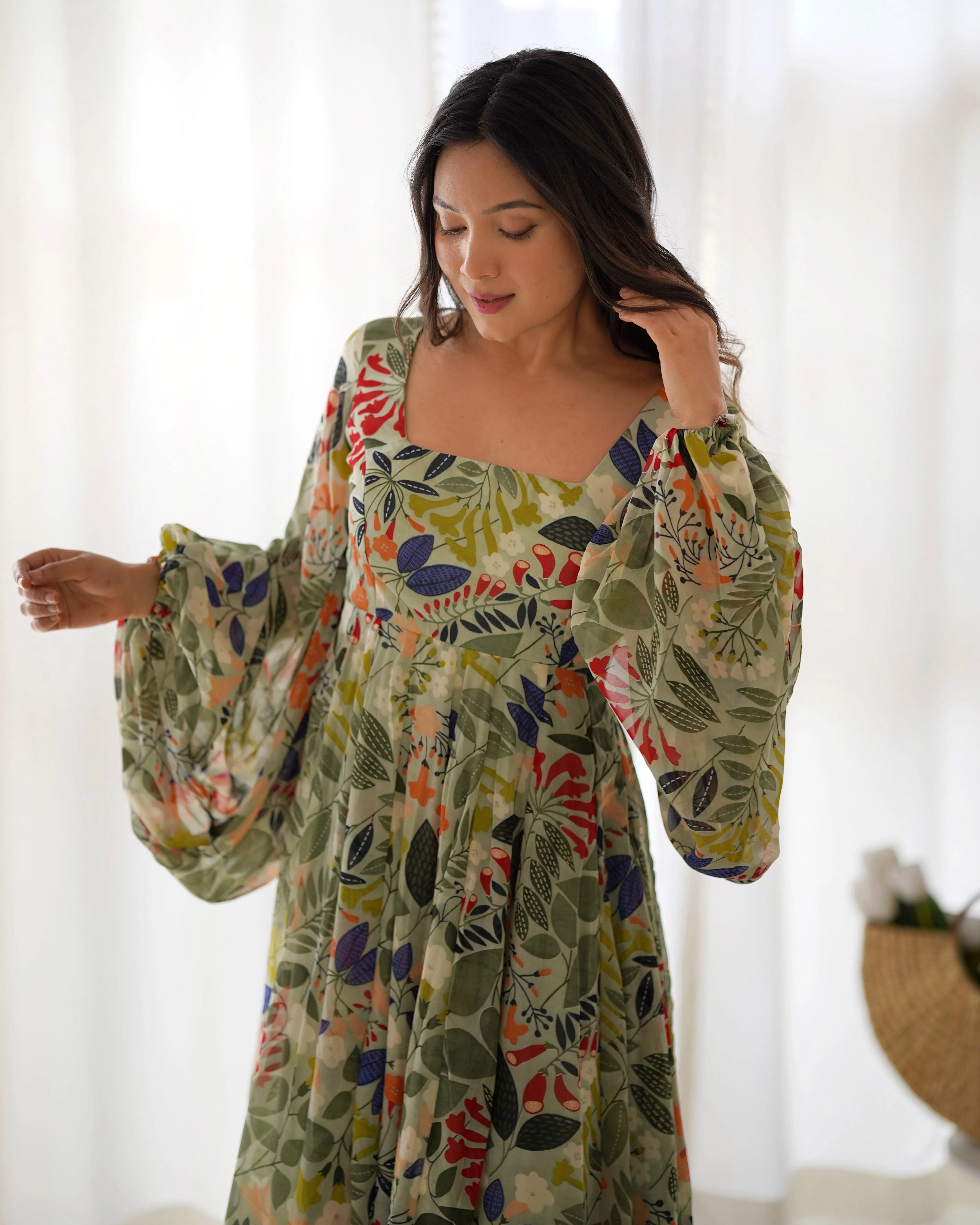 Green Pure Faux Georgette Floral Digital Printed Maxi Gown