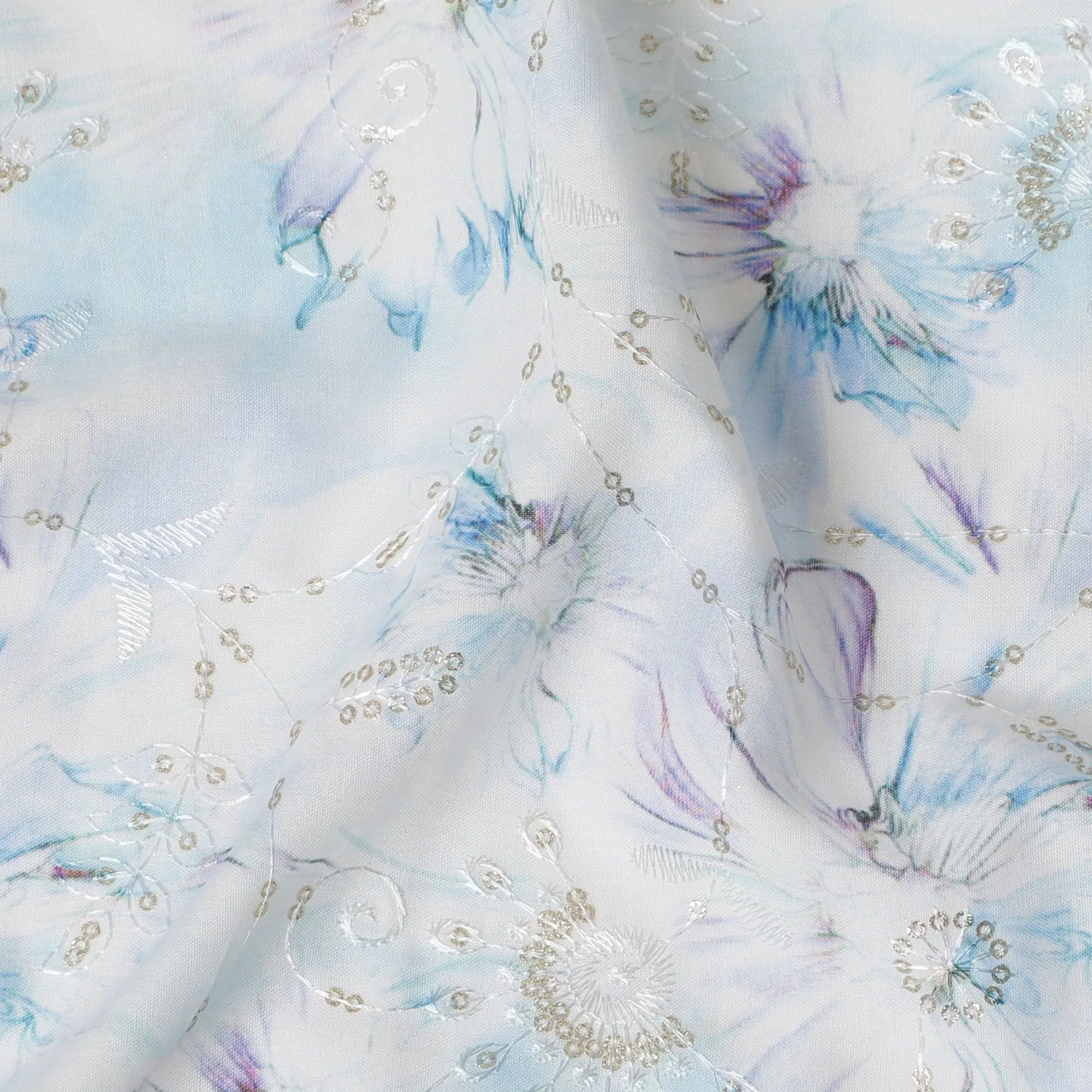 Iridescent Cornflower Sequin Embellished Synthetic Cotton Fabric - 110cm Wide-D18550